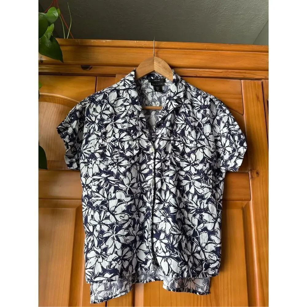 Tahari 100% Linen Floral Print Women Bottom Down Shirt SZ S